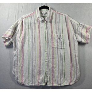 Madewell Shirt Womens S Fits XL White Pastel Stripe Linen Blend Short Sleeve Top